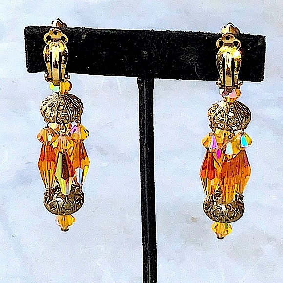 LEWIS SEGAL OF CALIFORNIA EARRINGS CLIP DANGLE AMBER AURORA BOREALIS - Picture 6 of 8